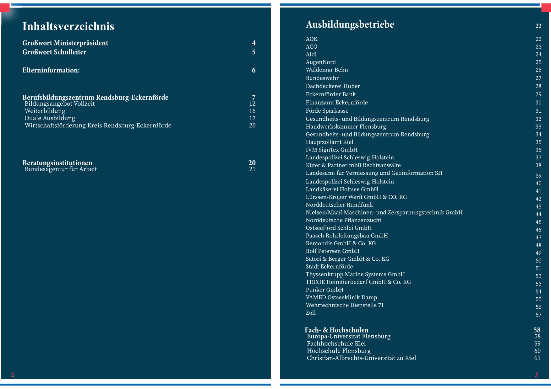 Inhaltsverzeichnis Broschuere Tag der offenen Tür mit Berufsinformationsforum