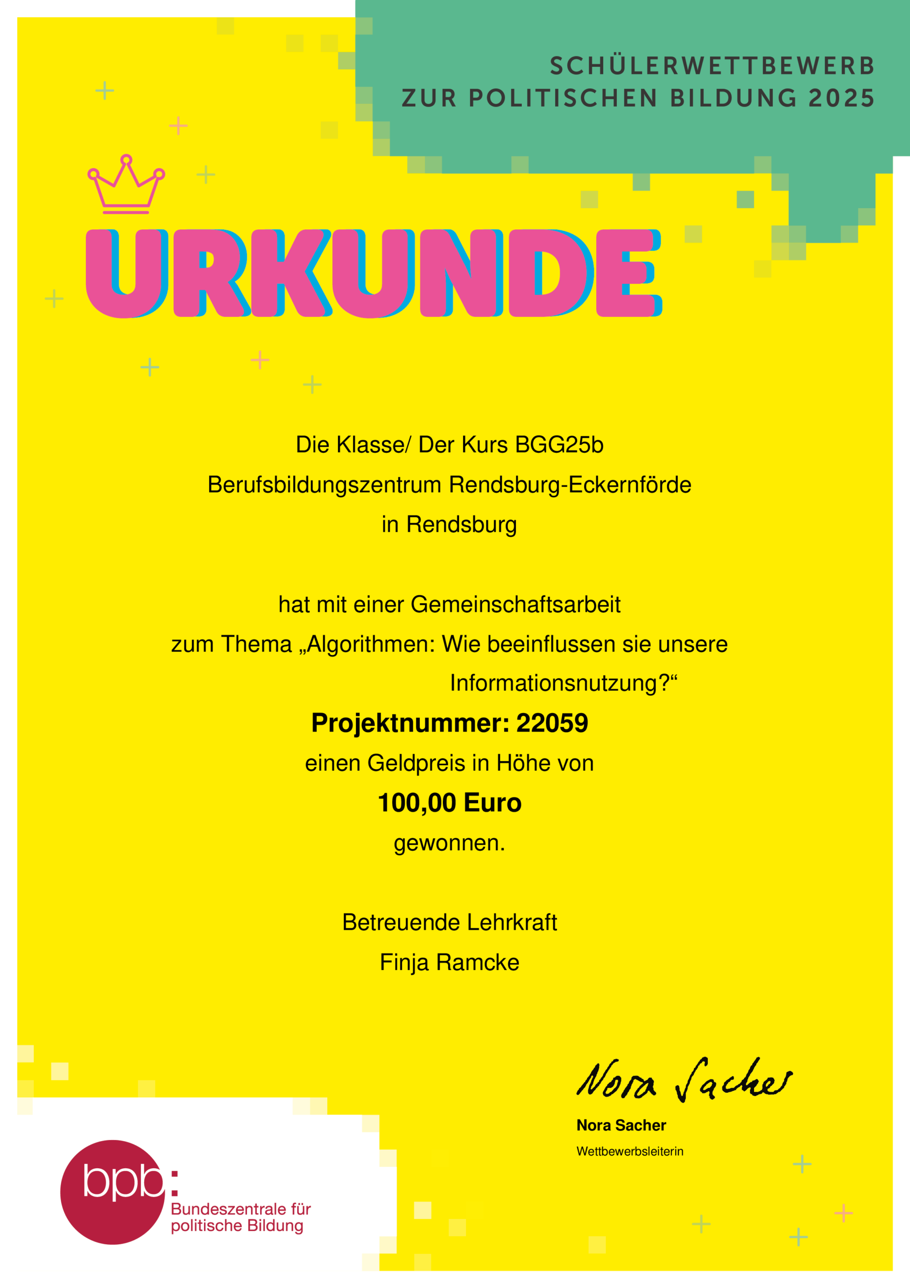 urkunde projekt 22059 scaled Teilnahme am Schülerprojekt zur politischen Bildung 2025